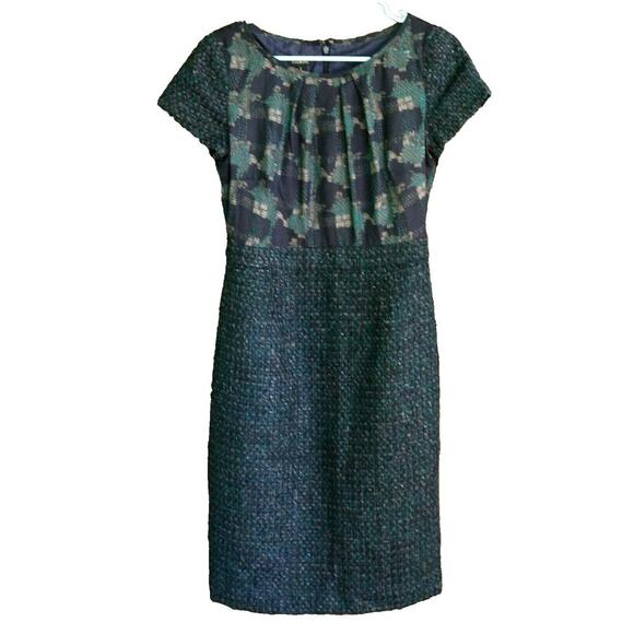 Talbots Tweed Teal Navy Abstract Top Pencil Dress sz 2 - Picture 2 of 6